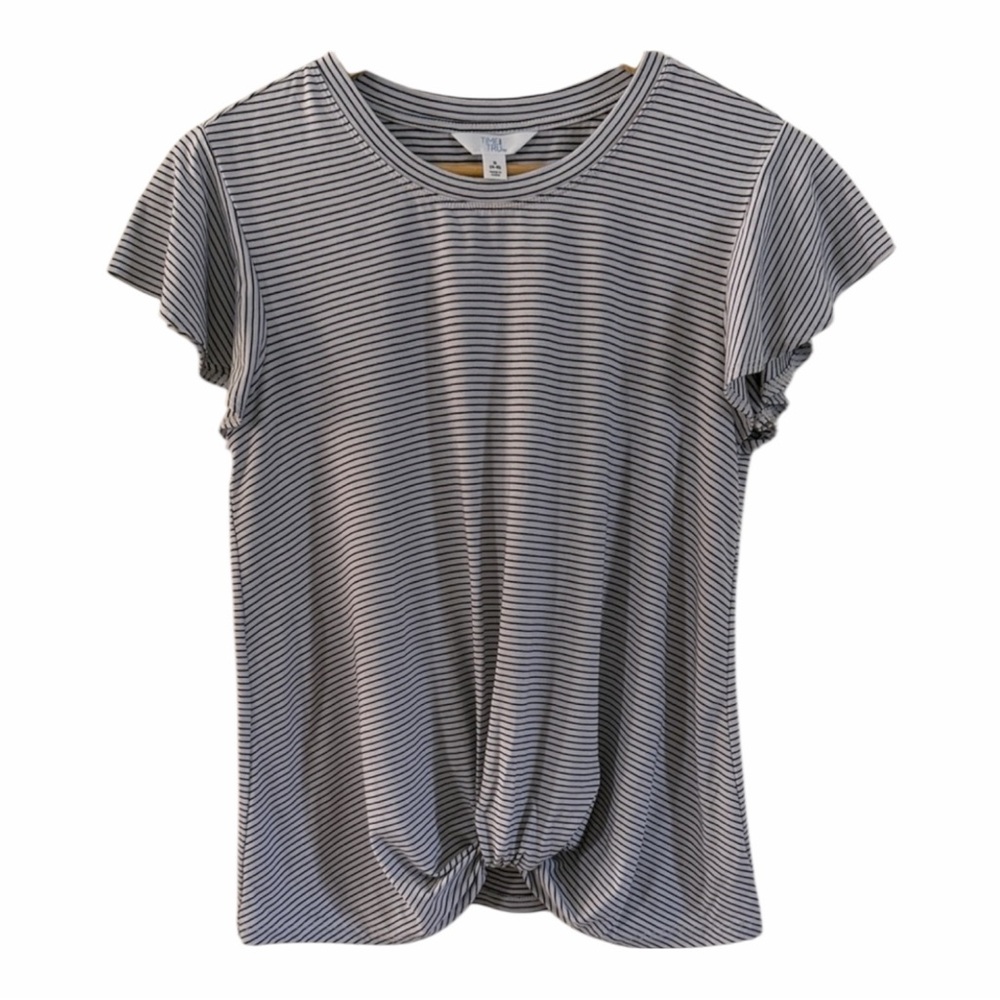 Time and Tru White and Navy Striped Flutter Sleeve Tie-Front Top